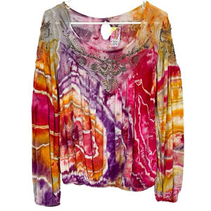 Free People Geode Tie Dye Top Blouse Womens XS Small Beaded Colorful Rainbow Tee